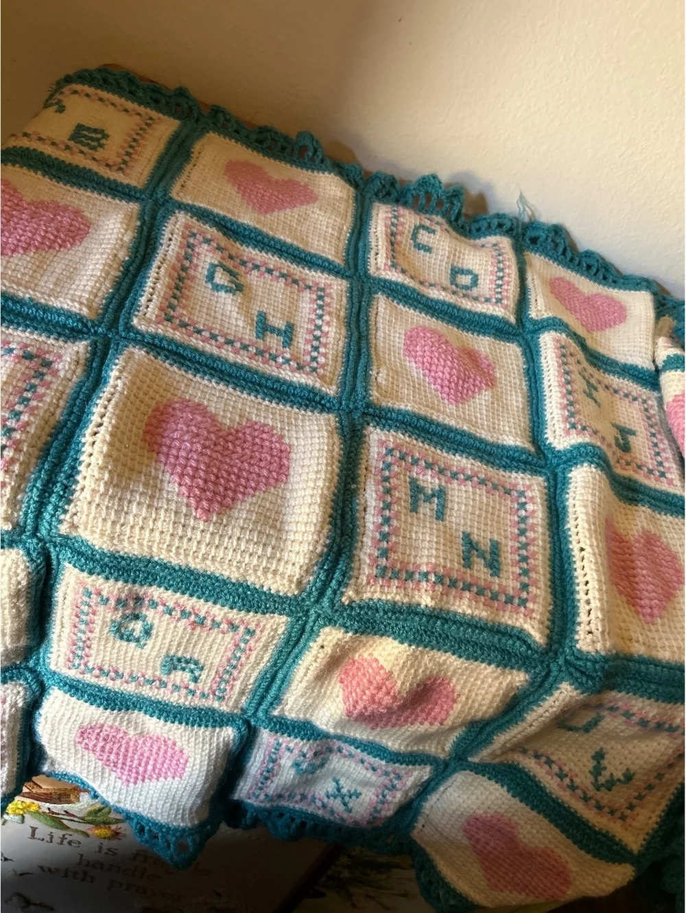 Handmade Crocheted Alphabet and Heart Blanket Throw